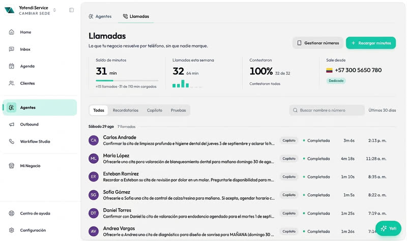 Calls in the Yatendi dashboard