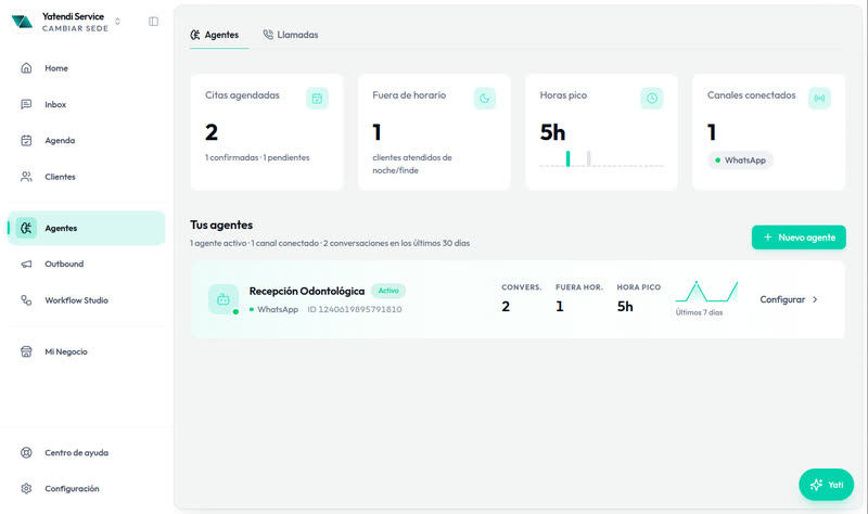 Yatendi dashboard showing agents alongside inbox, calendar and customers